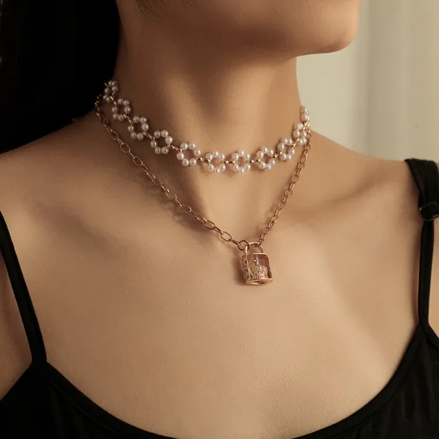 Vintage Embossed Lock Pendant Pearl Necklace Gold - Shop at LoveMi