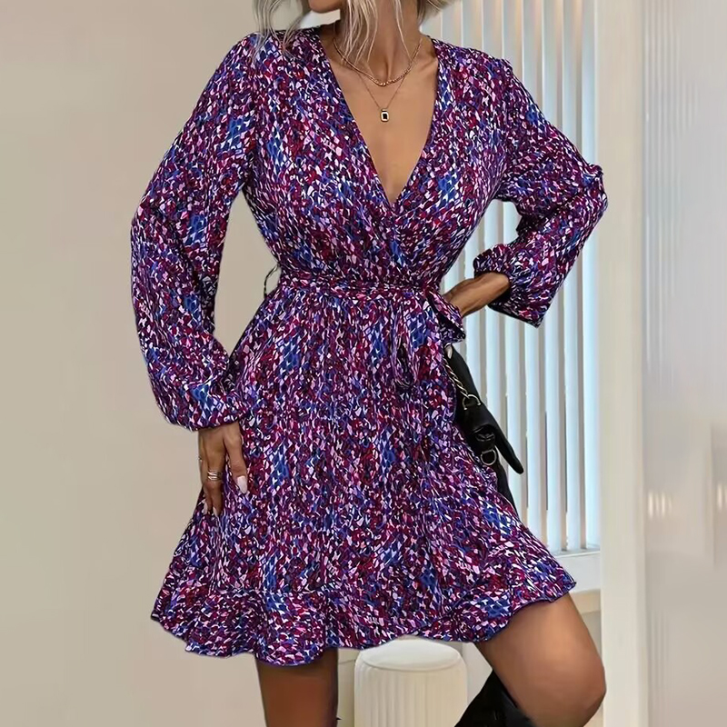Women's Leopard Print Ruffle Hem Long Sleeve V Neck Belted A Line Dress Purple - Shop at LoveMi