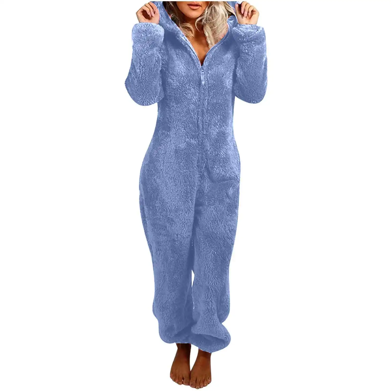 European And American Autumn Winter Women's Wear Fleece-lined Thick Furry Jumpsuit Hooded Cat Ear Pajamas
