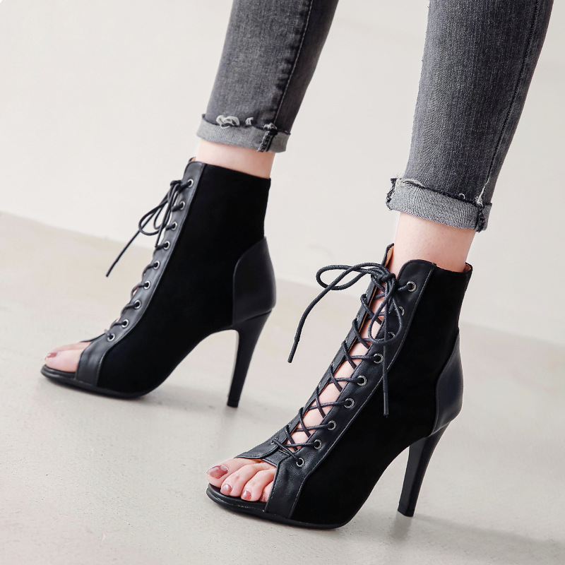 Hollow Thin Heel High Lace Up Short Boots