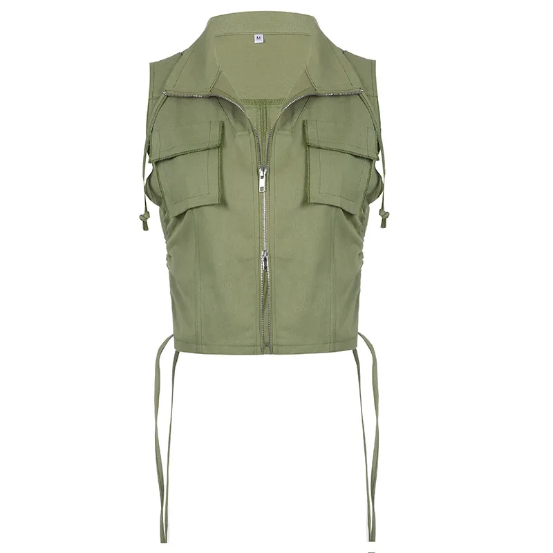 Women's Personalised Workwear Lapel Double Zipper Lace Pocket Short Tank Top - Green