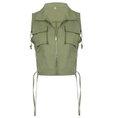 Women's Personalised Workwear Lapel Double Zipper Lace Pocket Short Tank Top - Green - View 1