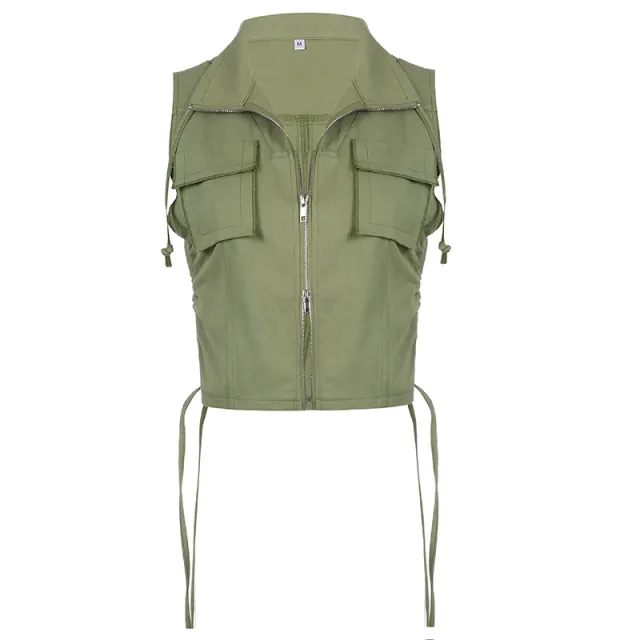 Women's Personalized Workwear Lapel Double Zipper Lace Pocket Short Tank Top Green - Shop at LoveMi
