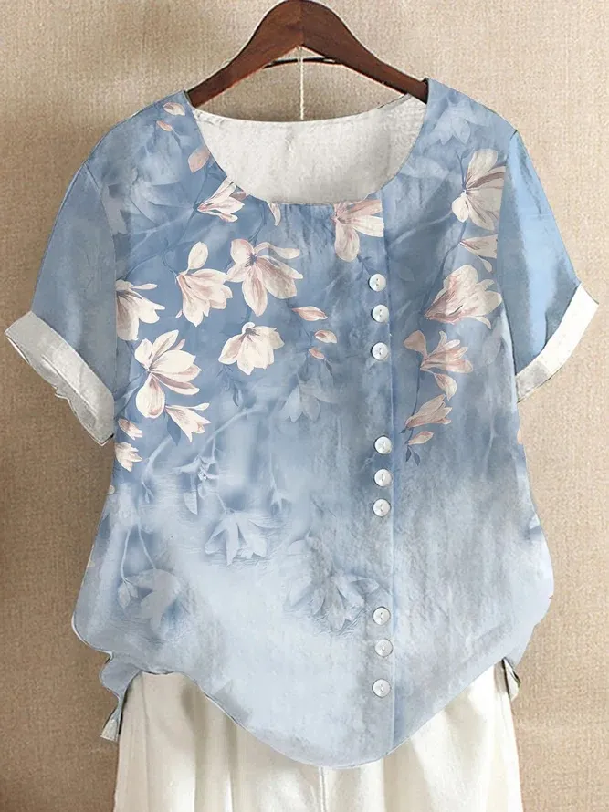 Retro Fashion Printed Loose Casual Short Sleeve T-Shirt Women - Flower1