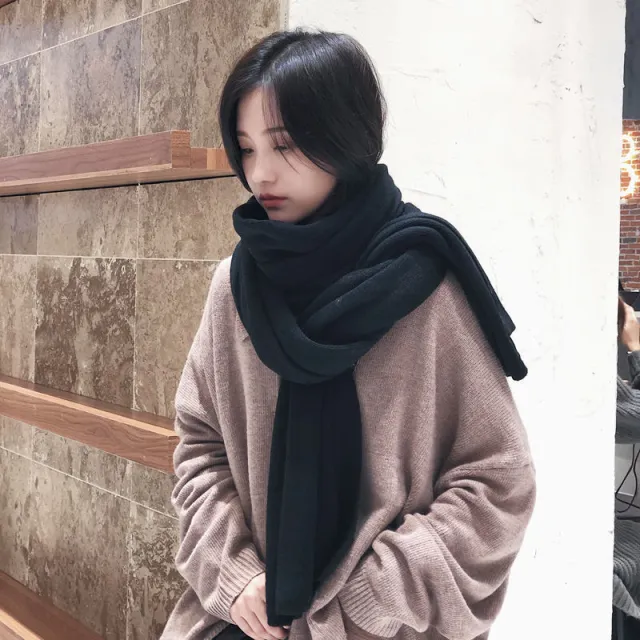Pure Color Knitted Wool Net Red Scarf Women Autumn And Winter Thicken Warm Black - Shop at LoveMi