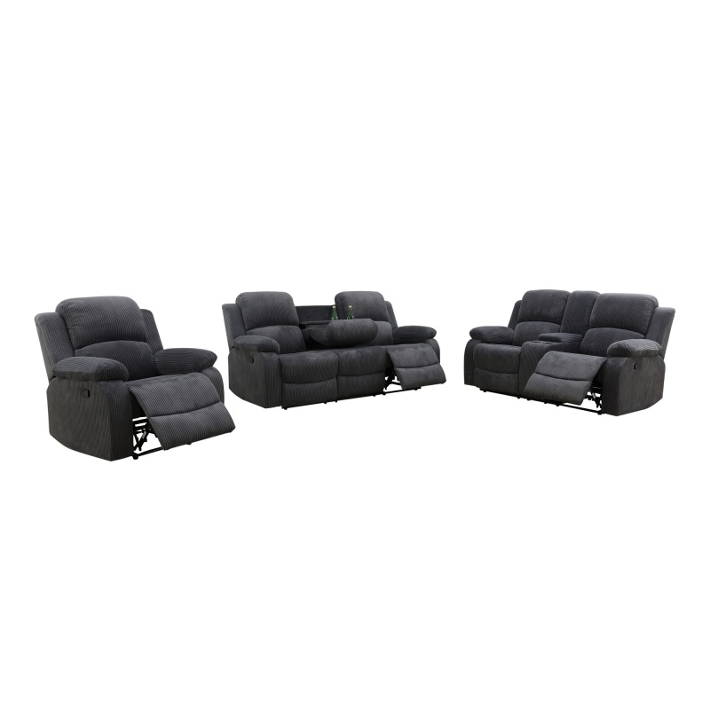 Pickup Only--Dark Grey Corduroy 3-Piece Living Room Recliner Sofa