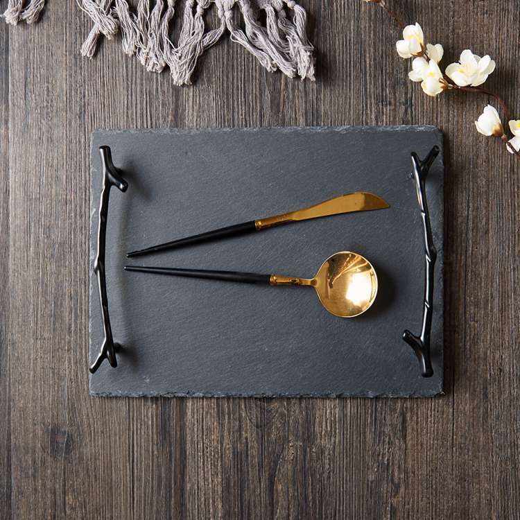 Title 4, Natural Black Slate Branch Handle Rectangular Tray