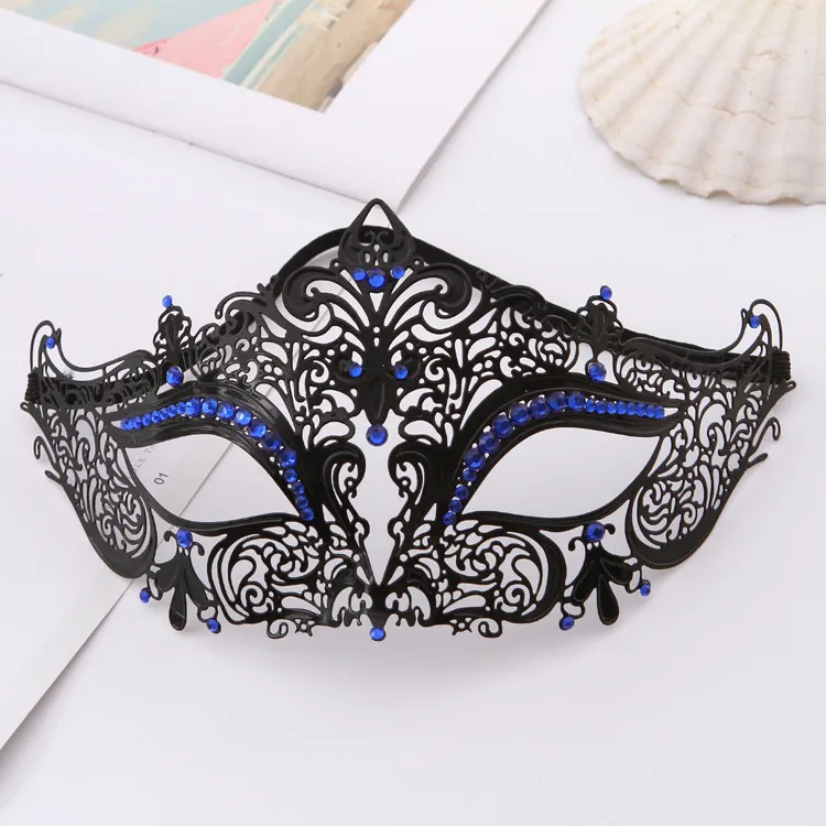 Iron Mask Metal Mask Cat Head White Metal Hollow Diamond Eye Mask - Blue