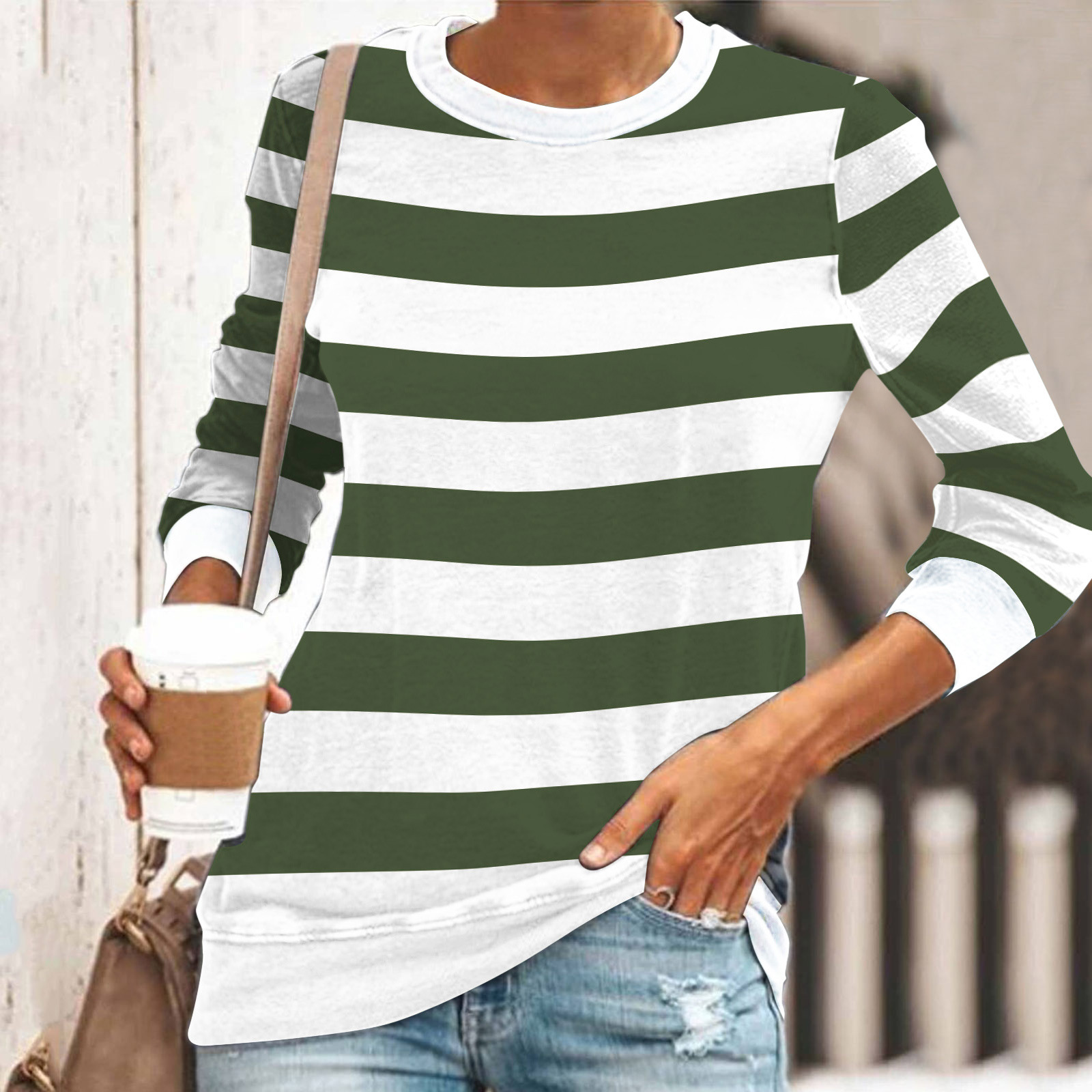 3D Printed Loose Casual Striped Round Neck Long Sleeve T shirt Qcx7990 - Shop at LoveMi