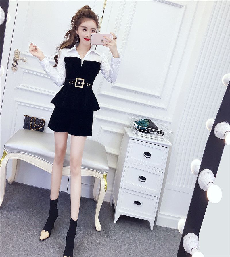 Fashion Ladies Temperament Color Matching Shirt Collar Shirt Thin Shorts Suit Casual