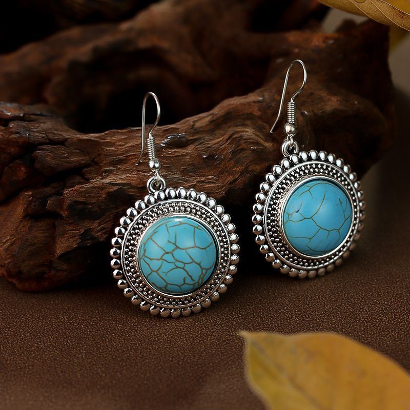 Ethnic Vintage Leaf Earrings For Women Faux Turquoise Teardrop Studs Bohemian Gift