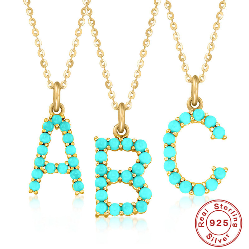 Title 4, S925 Sterling Silver 26-letter Natural Turquois...