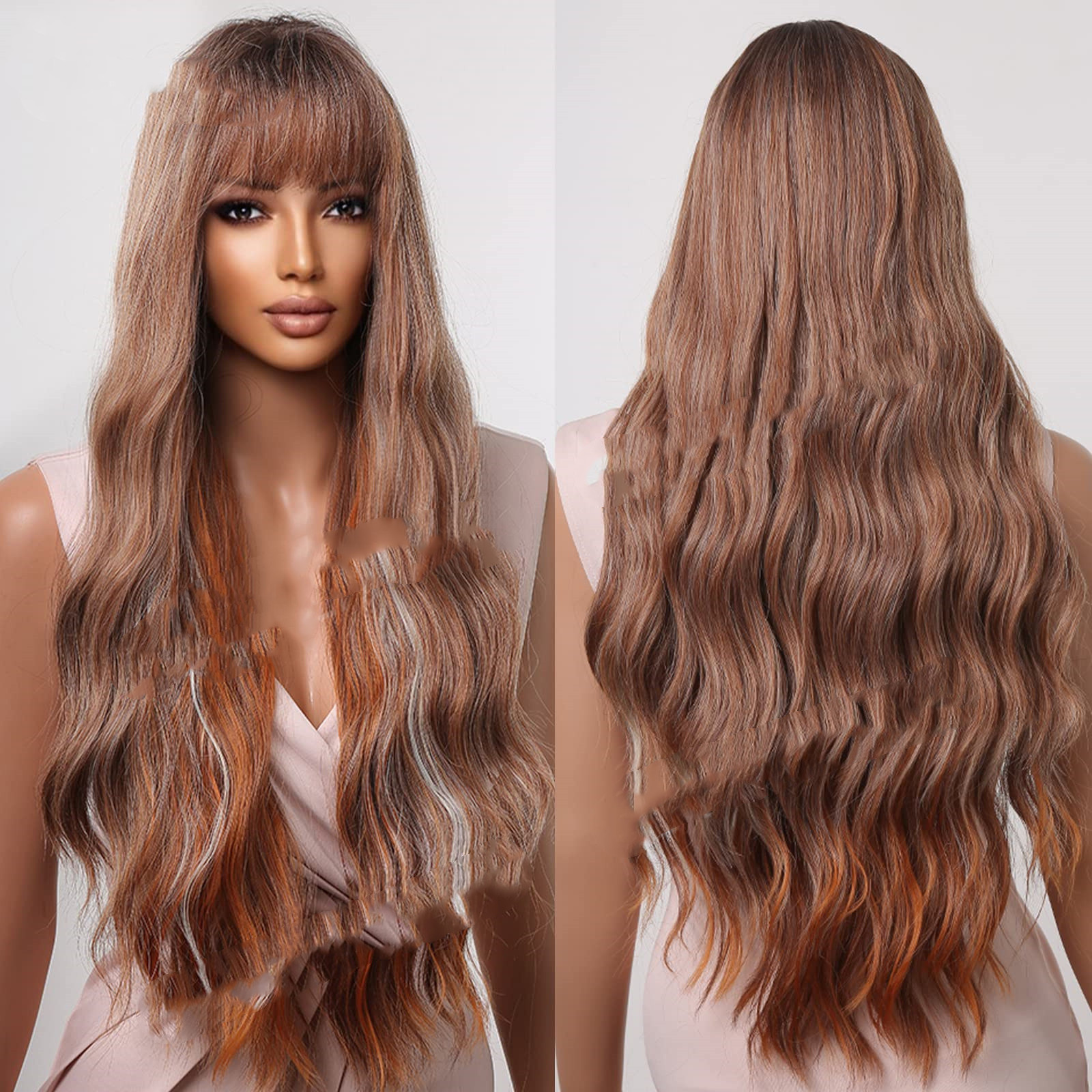 Dark Brown Dyed Light Brown Bangs Long Curly Hair Wigs Mechanism Headgear — foto 10