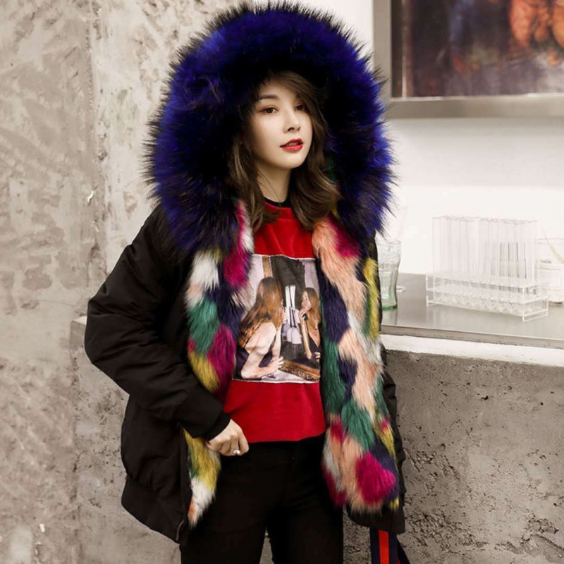Women's Autumn And Winter Fur Collar Hooded Large Short Coat Black - Shop at LoveMi