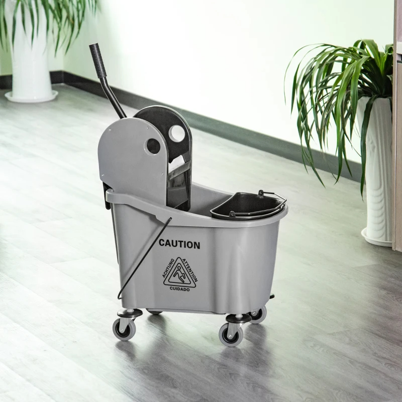 9.5 Gallon 38 Quart Mop Bucket With Wringer Cleaning Cart, 4 Moving Wheels, 2 Separate Buckets, & Mop-Handle Holder, Grey