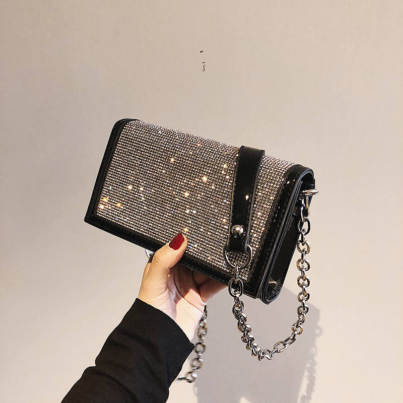 Sparkling Diamond Small Square Bag All match Chain Shoulder Messenger Bag Black - Shop at LoveMi