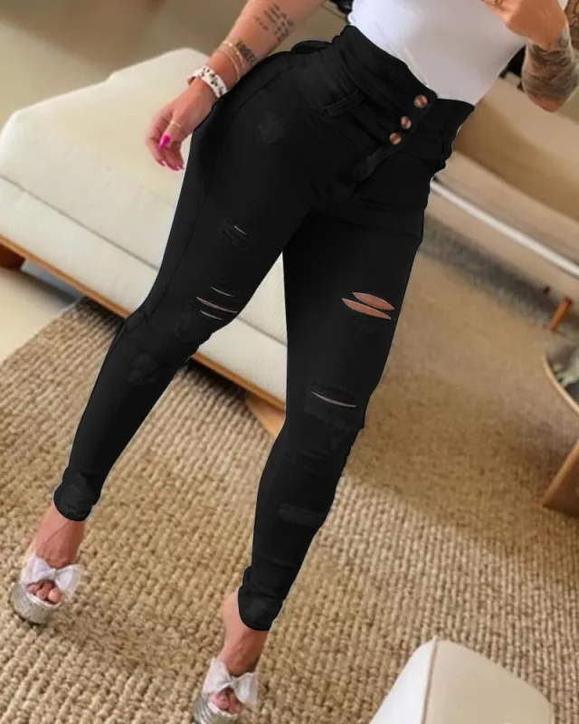 Slim High Waist Ripped Skinny Ripped Pants Black - Shop at LoveMi