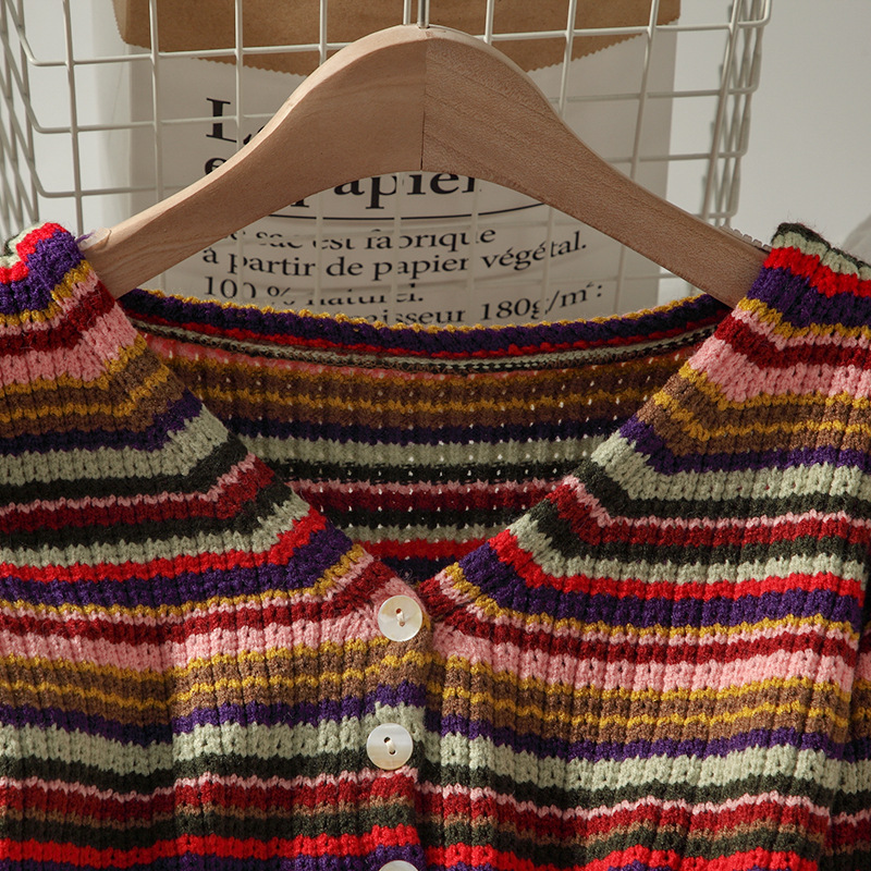 Retro V Neck Striped Sweater Thin Coat Women's Autumn Short