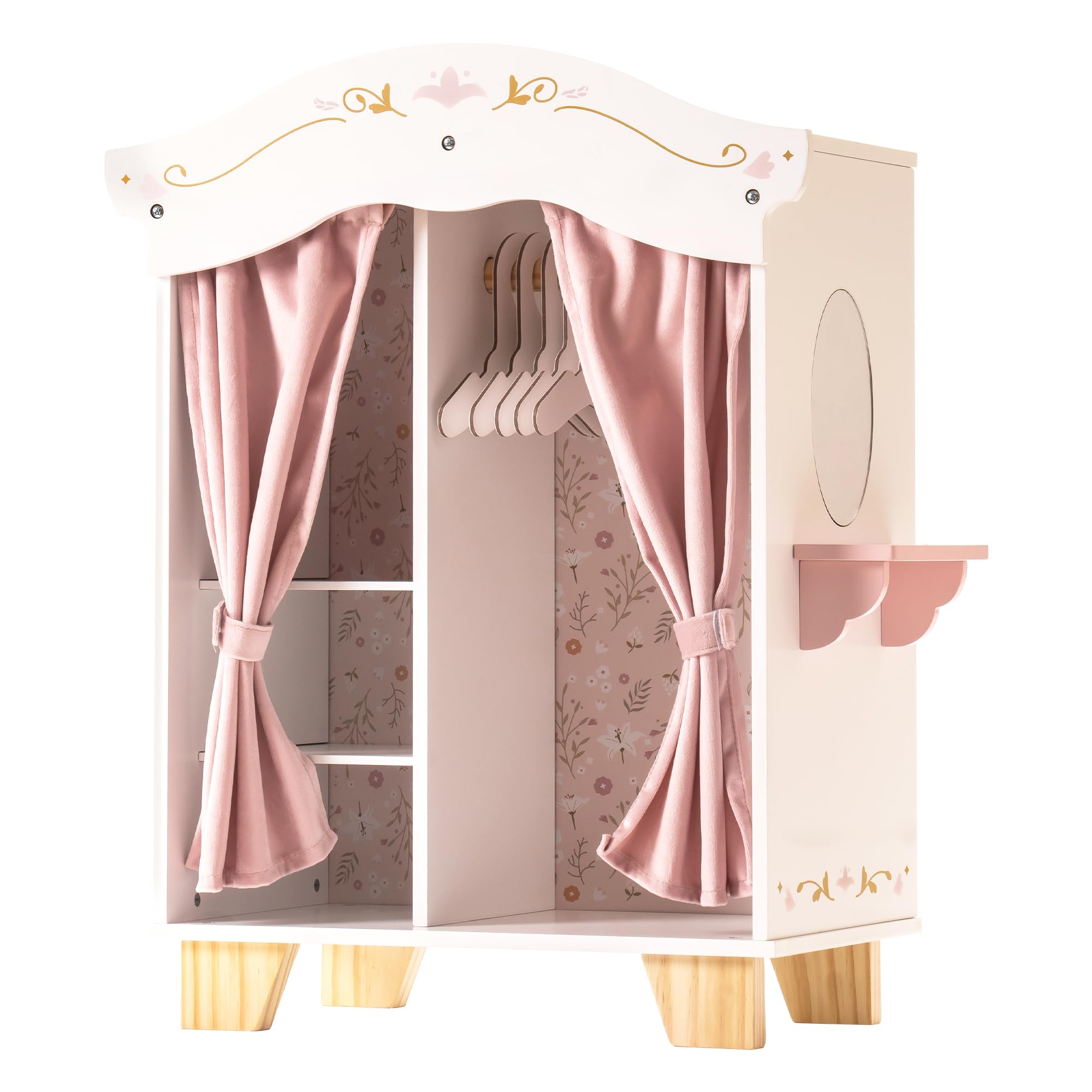 Robotime doll furniture armoire closet with 5 clothing hangers and vanity table, wooden doll accessories pink wardrobe set for 18 inch American Girl doll clothes.