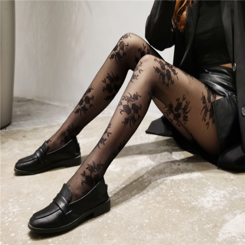 Retro Rose White Silk Socks Women's Summer Thin Black Silk Anti Hook Silk Jacquard Pants Socks Sweet And Sexy