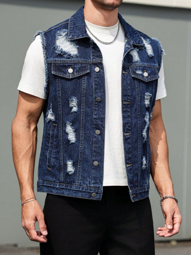 Ripped Denim Vest Men Dark Blue Distressed Sleeveless Jean Jacket Vintage Ships From US