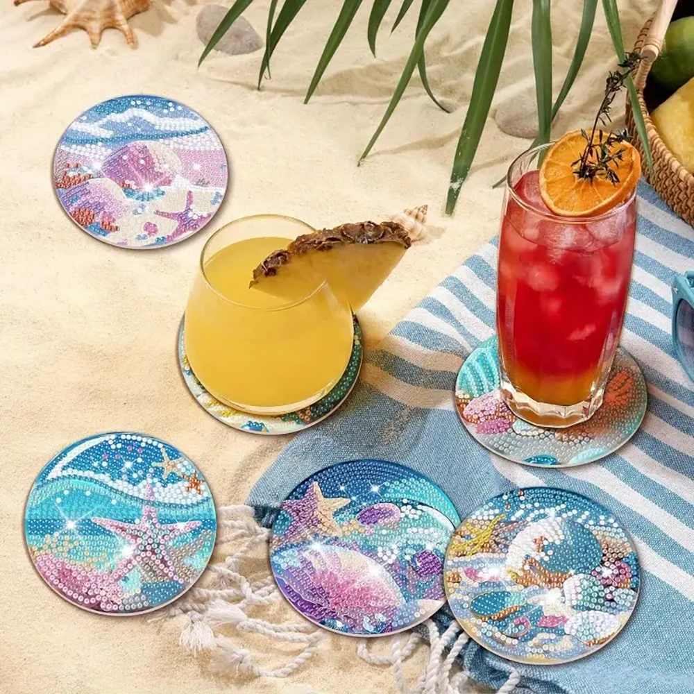 DIY Coasters With Diamond Painted Seaside Patterns And Supports, Suitable For Adult Beginners To Use Diamond Painting Sets, Handmade Diamond Art Materials, And Exquisite Gifts For Friends