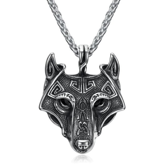 Asgard Crafted Norse Grey Wolf Head Pendant Chain