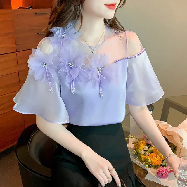 Beaded Design Sense Niche Chic Satin Short Sleeves Purple - Shop at LoveMi