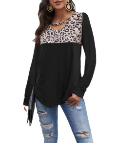 Ladies T-Shirt Crew Neck Leopard Print Panel Long Sleeve Loose Top - Leopard - View 1