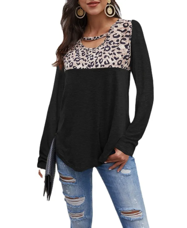 Ladies T Shirt Crew Neck Leopard Print Panel Long Sleeve Loose Top Black - Shop at LoveMi