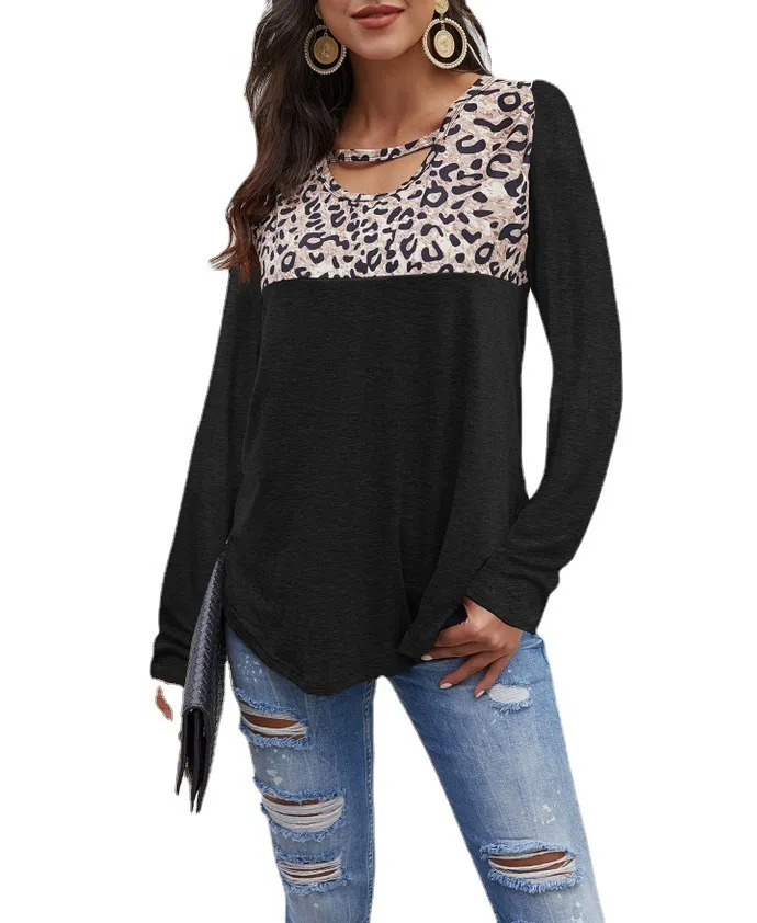 Ladies T-Shirt Crew Neck Leopard Print Panel Long Sleeve Loose Top - Black