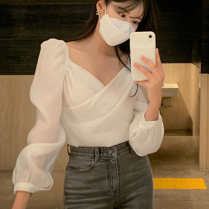 French Gentle Style Clavicle Top Women's Puff Sleeve