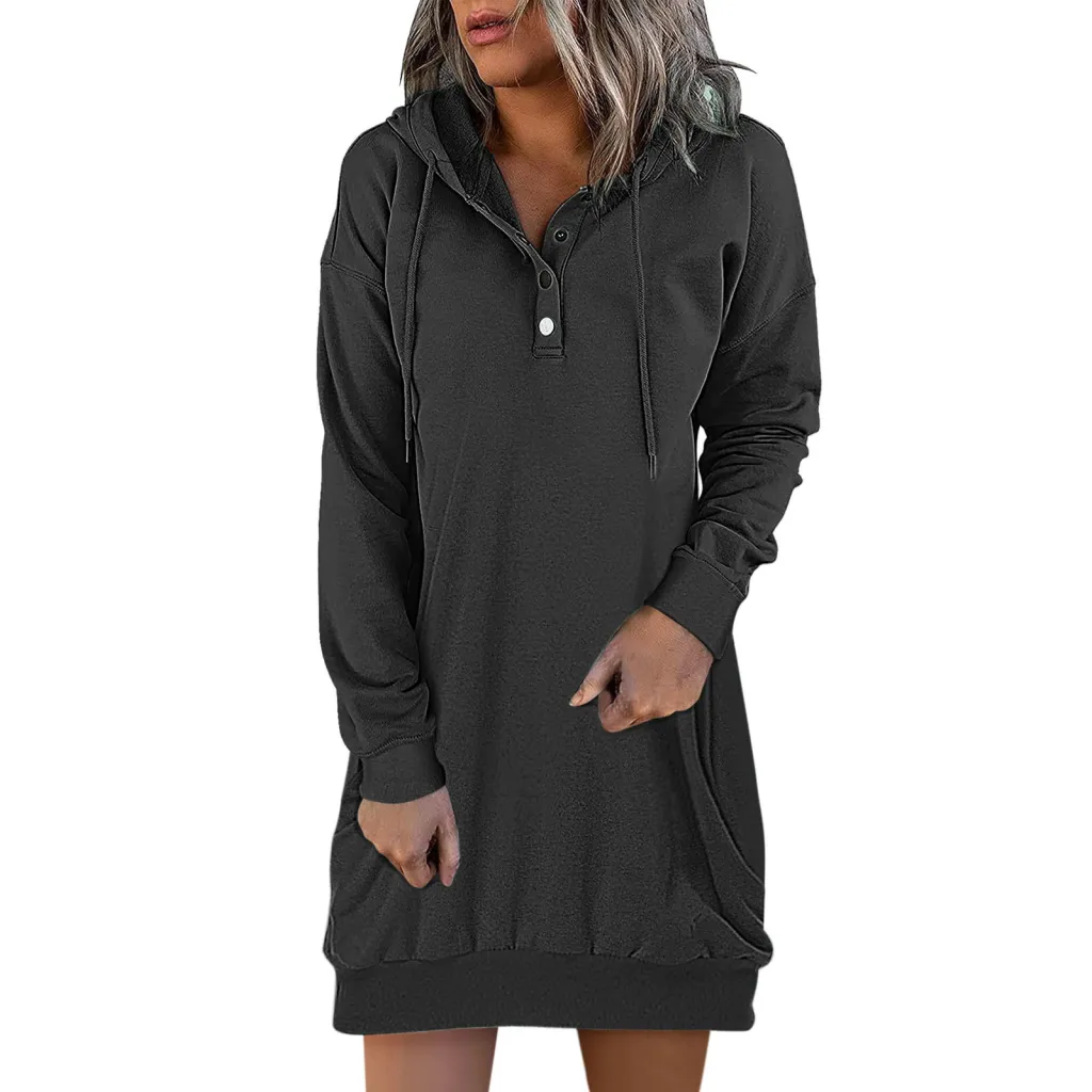 New Hot Fashion Women's Solid Hooded Drawstring Sweater - Black