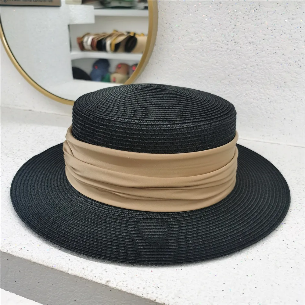 Summer Women's Simple Flat Top Holiday Visor Hat - Black Brown Ribbon