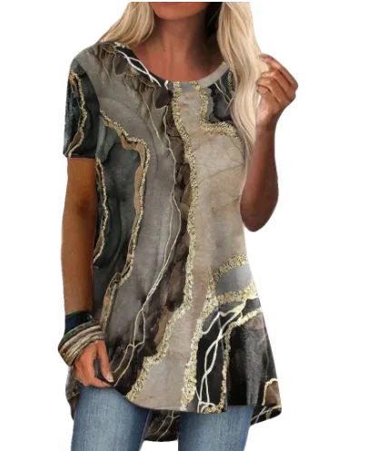 Round Neck Casual Ethnic Vintage Print Short Sleeve T Shirt T15 Marble - Shop at LoveMi