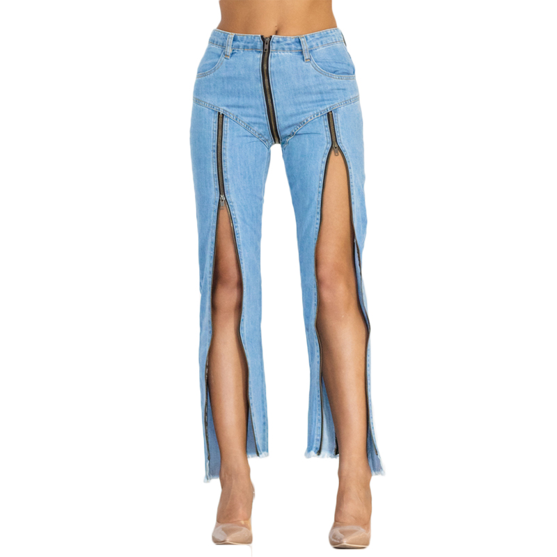 BEYONDARY Women's Light Blue Split Straight Jeans – Slim Fit Zipper Denim Pants for Club & Dance