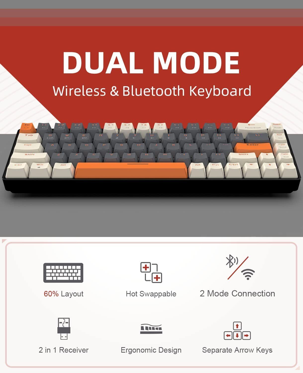 Wireless Bluetooth Mechanical Keyboard,Dual Interface Type C& USB  For... 3