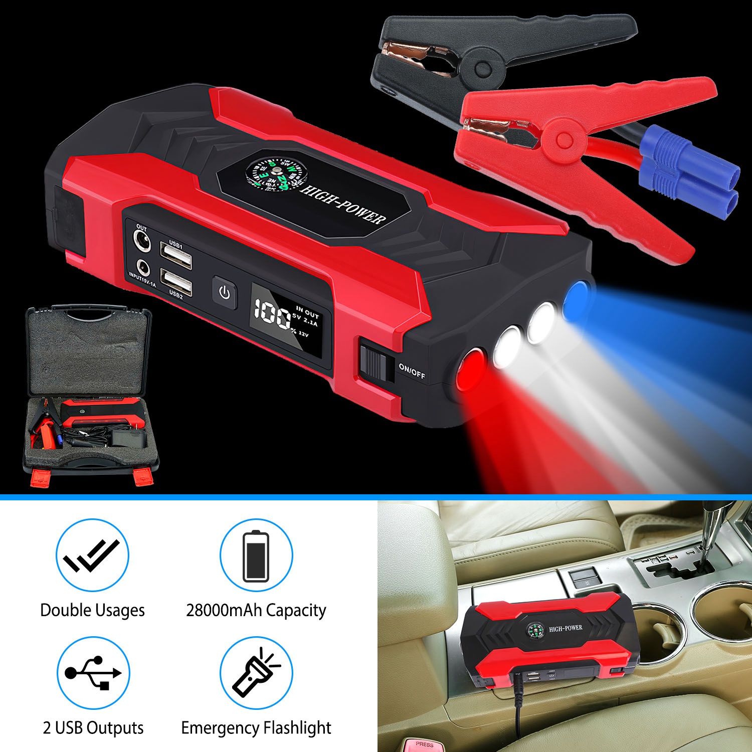 Car Jump Starter Booster 800A Peak 28000mAh 12V Battery Charger Up To 6.0L Gas Or 3.0L Diesel Engine With LCD Screen 4 Modes LED Flashlight — foto 12