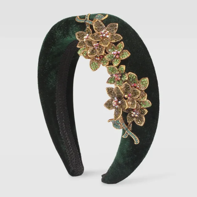 Sponge Hair Band Women Gold Velvet Diamond Accessories Dark Green - Shop at LoveMi