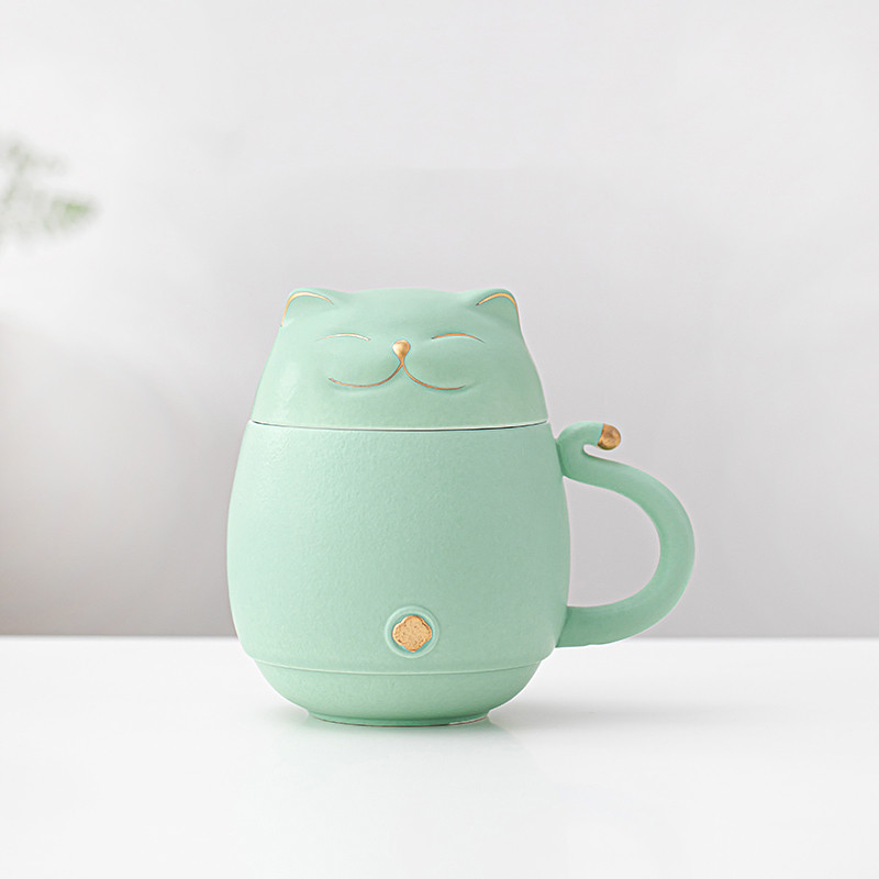 Creative Lucky Cat Shaped Tea Separation Ceramic Cup With Lid
