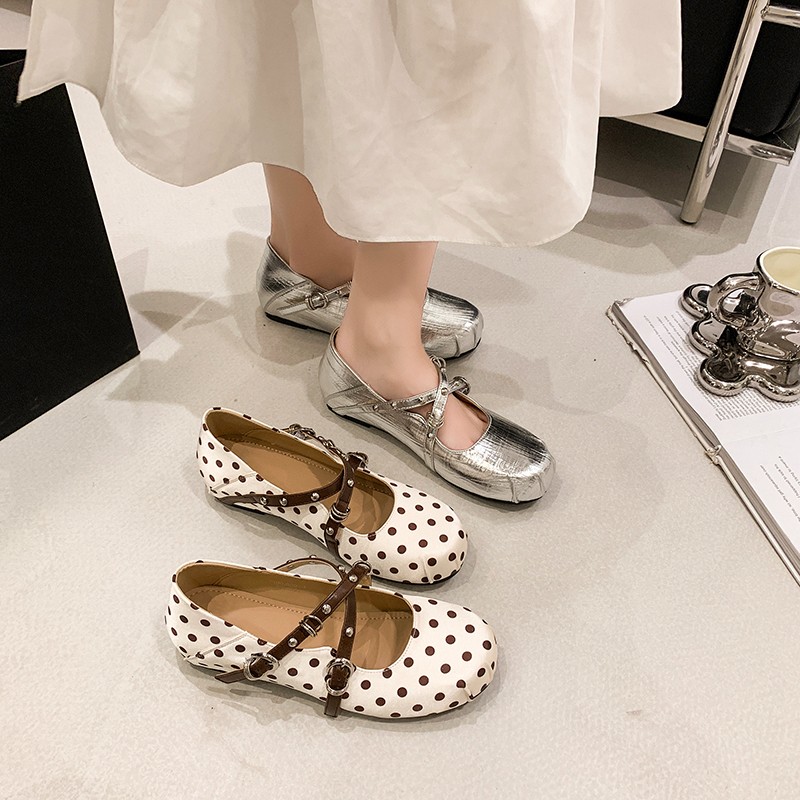 Summer French Temperament Mary Jane Polka Dot Color Blocked Cross Band Lazy Wearing Women's Singles Shoes