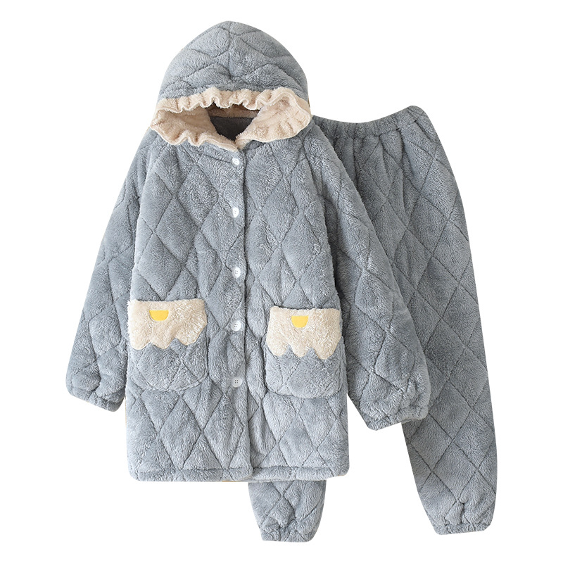 بجامة نسائية بلس قماش قطني مخملي كورال سميك مبطّن بطبعة كرتونية، طقم منزلي من اللباد متوسط الطول