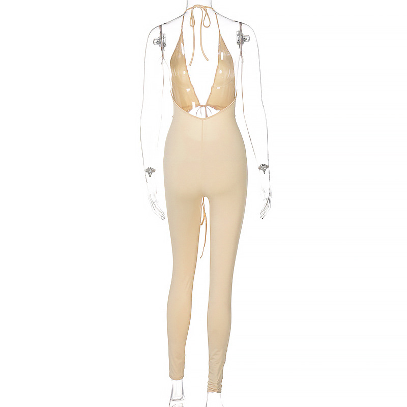 Women's Back V-neck Halterneck Lace-up Slim-fit Jumpsuit
