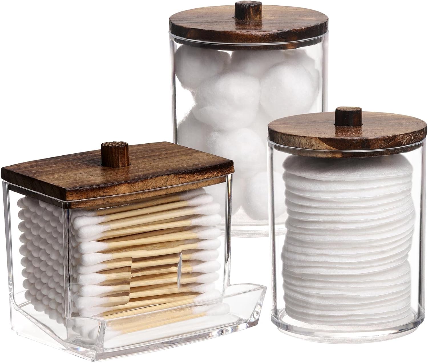Porte-tiges Qtip Conteneurs de salle de bains 3 unités, 10 onces de coton Bocaux distributeurs de boules et d'écouvillons avec couvercles en bois brun