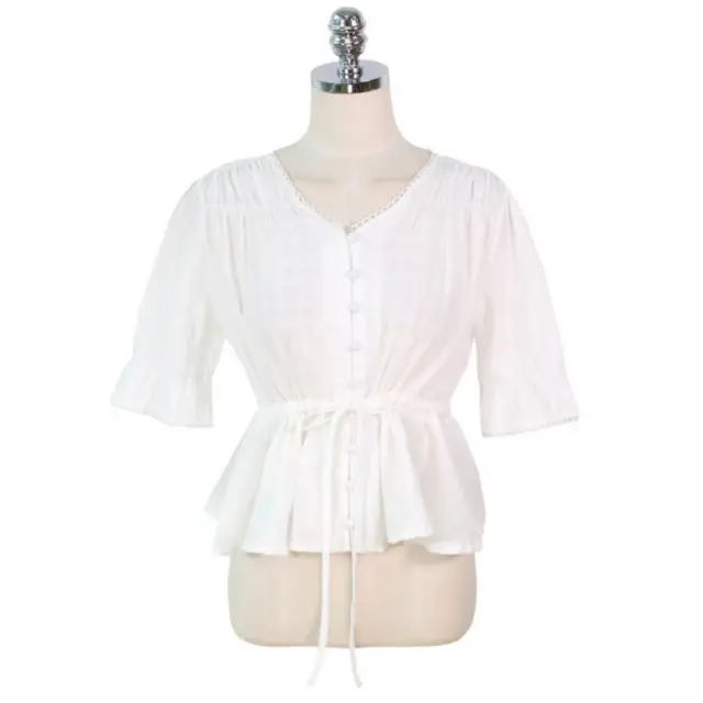 New Sweet Women's Shirt V neck Waist Closing Lace Patchwork Shirt White - Shop at LoveMi