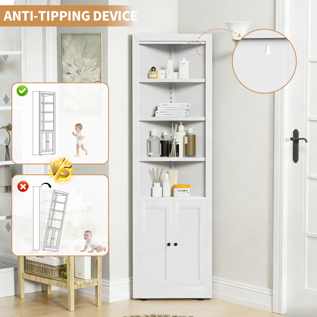 71in Tall Corner Storage Cabinet With 2 Doors, 5-Tier Metal Cabinet With Adjustable Shelves, Freestanding Kitchen Storage For Pantry, Living Room, Bathroom, Laundry Room, Space Saving Furniture, White