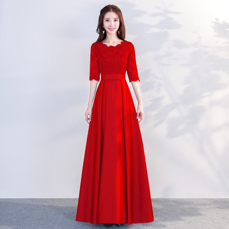 The End Elegant Long Sleeve Thin Company Annual Meeting Black Dress Dress Long Section Round Neck Red Long - Shop at LoveMi
