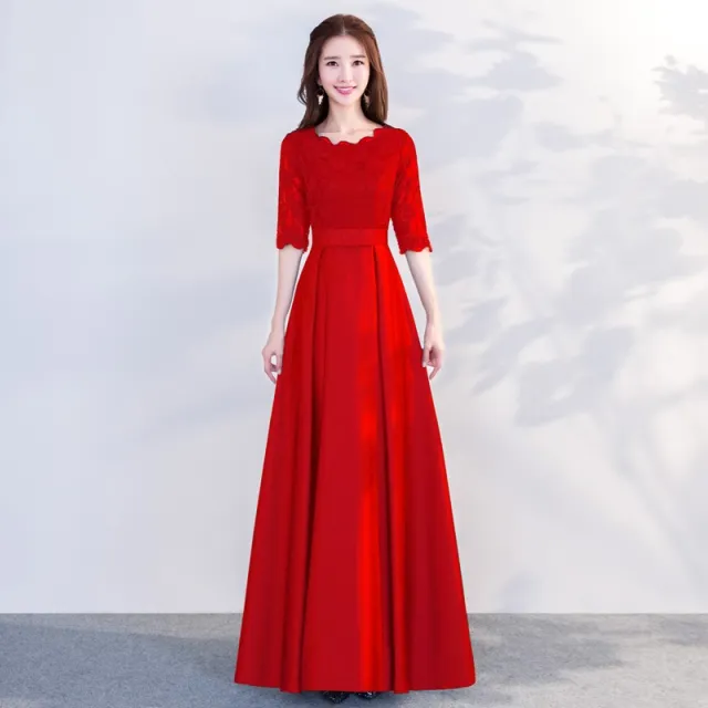 The End Elegant Long Sleeve Thin Company Annual Meeting Black Dress Dress Long Section Round Neck Red Long - Shop at LoveMi