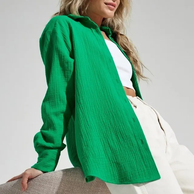 Loose Casual Cotton Long Sleeve Mid length Shirt Green - Shop at LoveMi