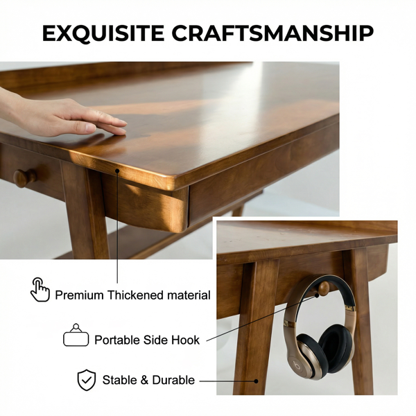 Solid Wood Writing Desk, Home Office Desk For Small Spaces, Mid Century Modern Desks With 2 Drawers & Storage Shelf, Standing Desk With Side Hooks For Study, Bedroom, Office  Walnut — foto 6